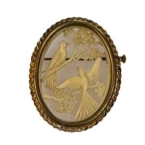 French Depose Vintage Gold Tone Bird Motif Oval Brooch Pin Ornate Carved Design